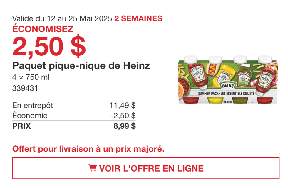 Paquet pique-nique de Heinz dans la circulaire en ligne du Costco.