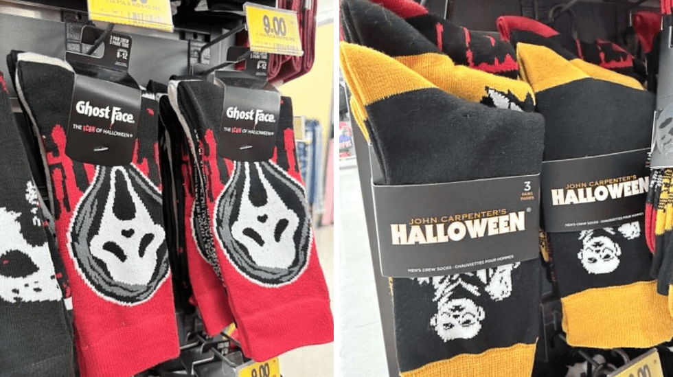 Paquets de trois paires de chaussettes d'Halloween en vente au Tigre G\u00e9ant pour 9 $ chacun.