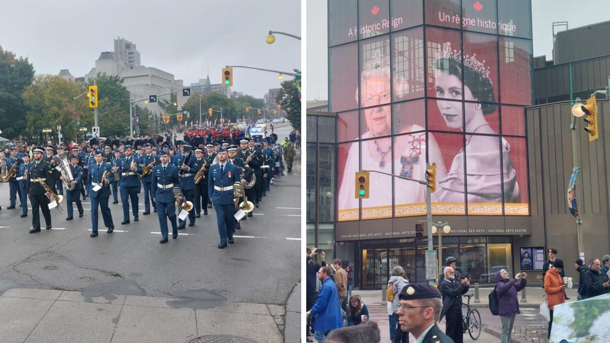Parade militaire à Ottawa. Droite : Centre national des arts d'Ottawa