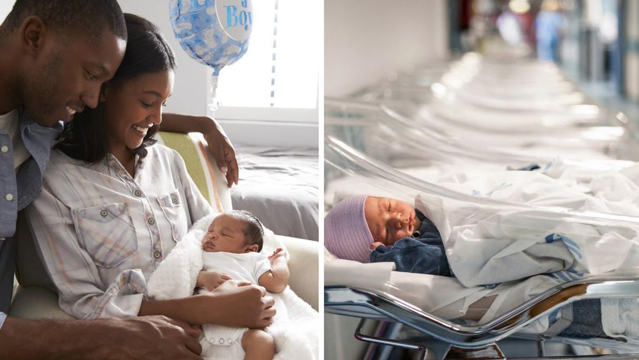 Parents with their baby. Right: Newborn baby in first of many hospital beds.