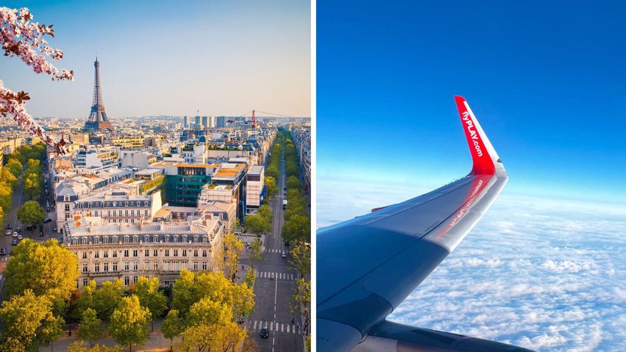 Paris, France. Right: The wing of an airplane.