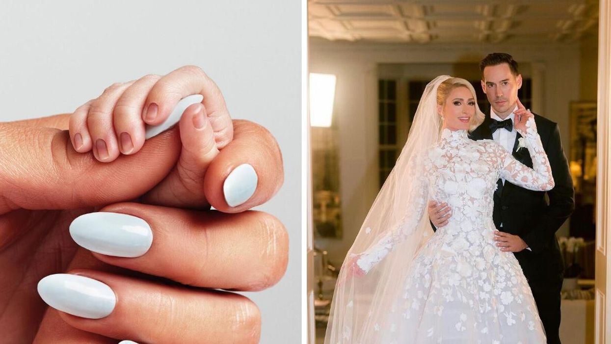 Paris Hilton holding her baby's hand. Right: Paris Hilton and her husband Carter Reum.