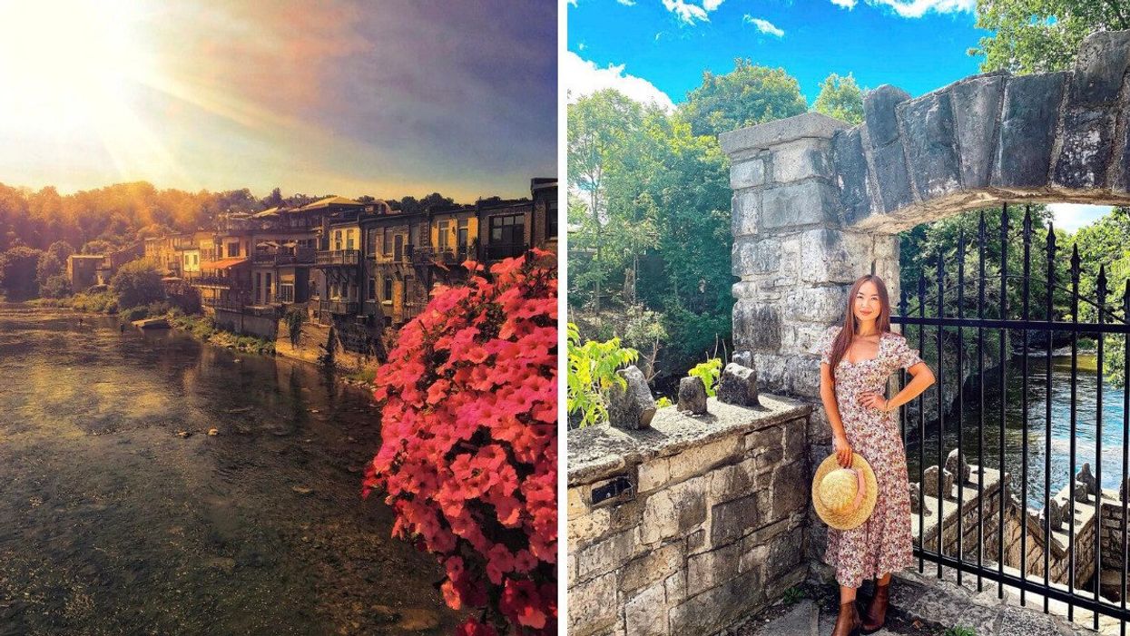Paris, Ontario. Right: Woman standing in front of a stone arch.