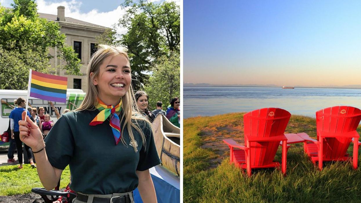 Parks Canada employee. Right: Parks Canada red chairs at a national park.