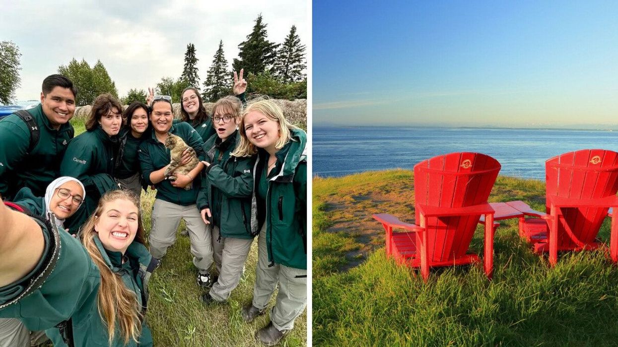 parks canada employees outside. right: red parks canada chairs at a national park