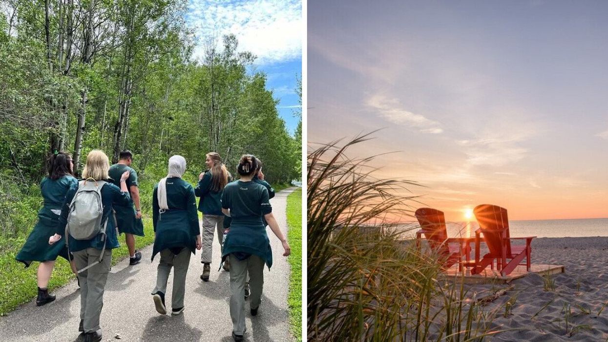 parks canada employees walking on a trail. right: red chairs on a beach during sunset at a national park