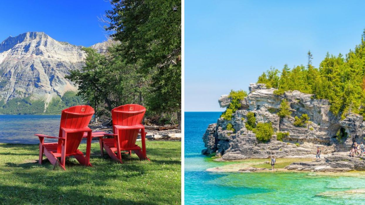 Parks Canada red chairs in Waterton Lakes National Park in Alberta. Right: A cove in Bruce Peninsula National Park in Ontario.
