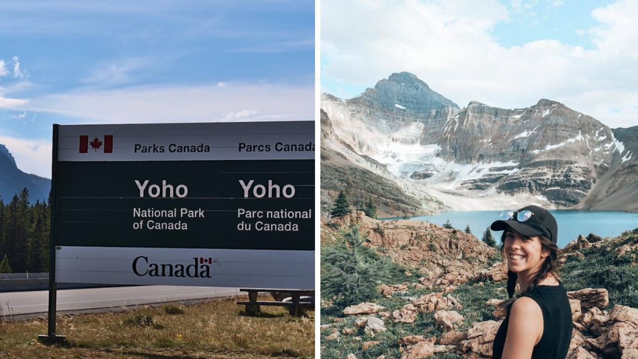 Parks Canada sign for Yoho National Park. Right: A woman stands in front of Lake McArthur, BC.