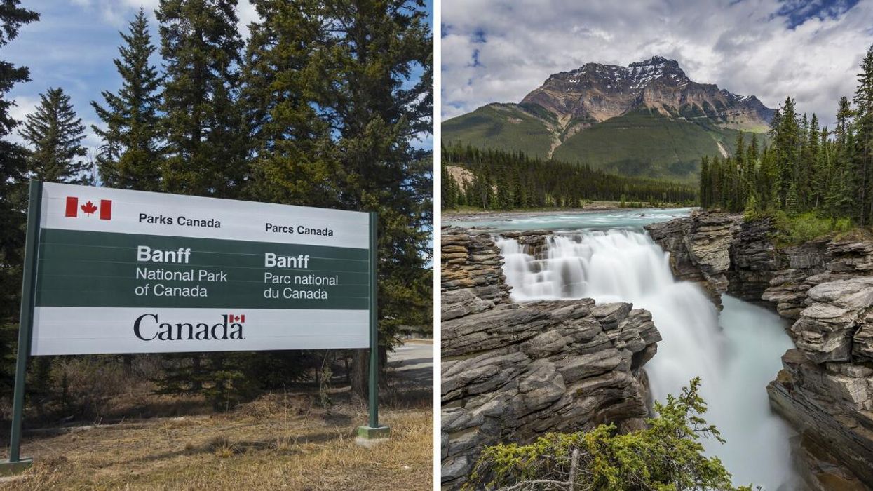 Parks Canada sign in Banff. Right: Jasper National Park