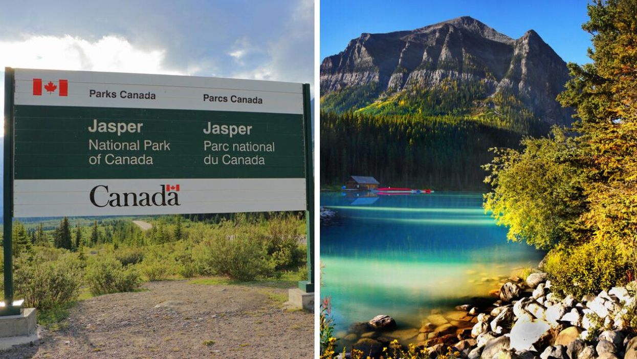 Parks Canada sign. Right: An Alberta lake.