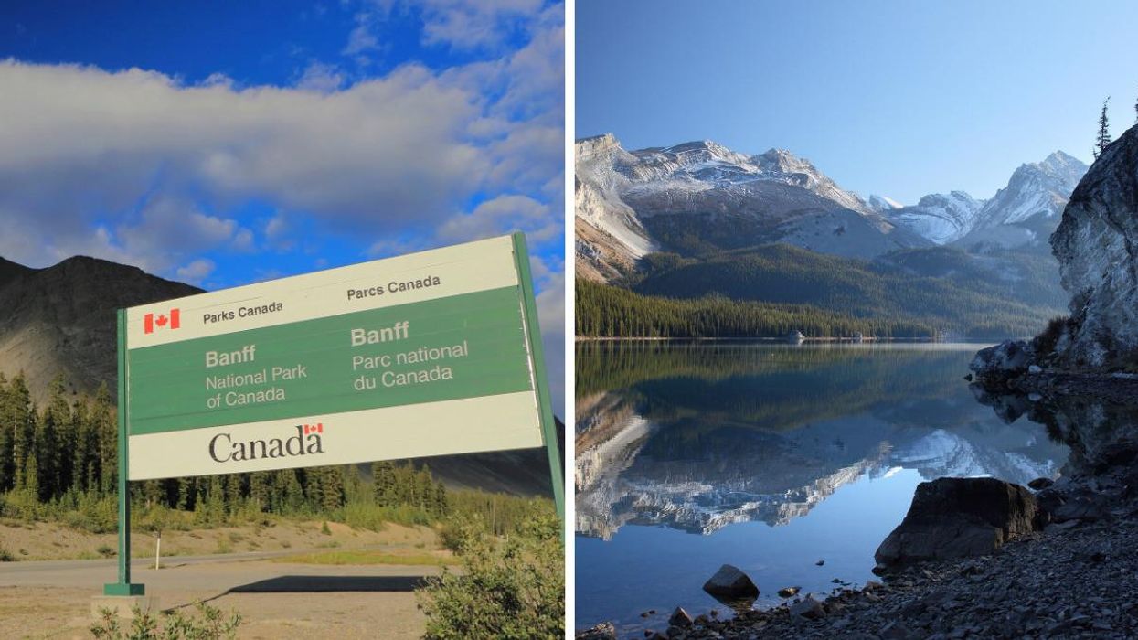 Parks Canada sign. Right: Jasper National Park.