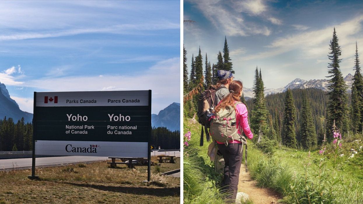 Parks Canada sign. Right: People on a hike.