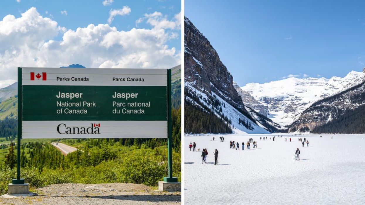 Parks Canada sign. Right: Snow at Lake Louise.