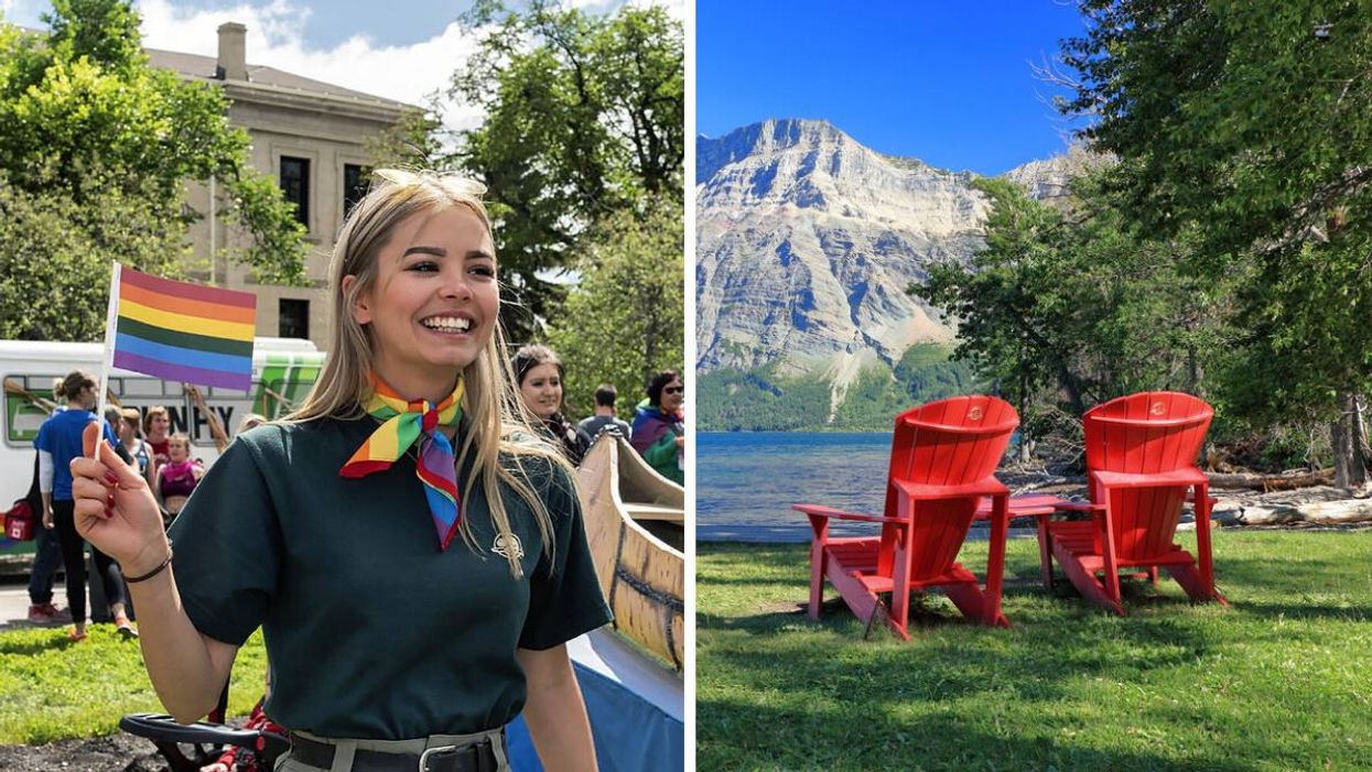 Parks Canada student worker. Right: Red Parks Canada chairs facing a mountain in Waterton Lakes National Park.