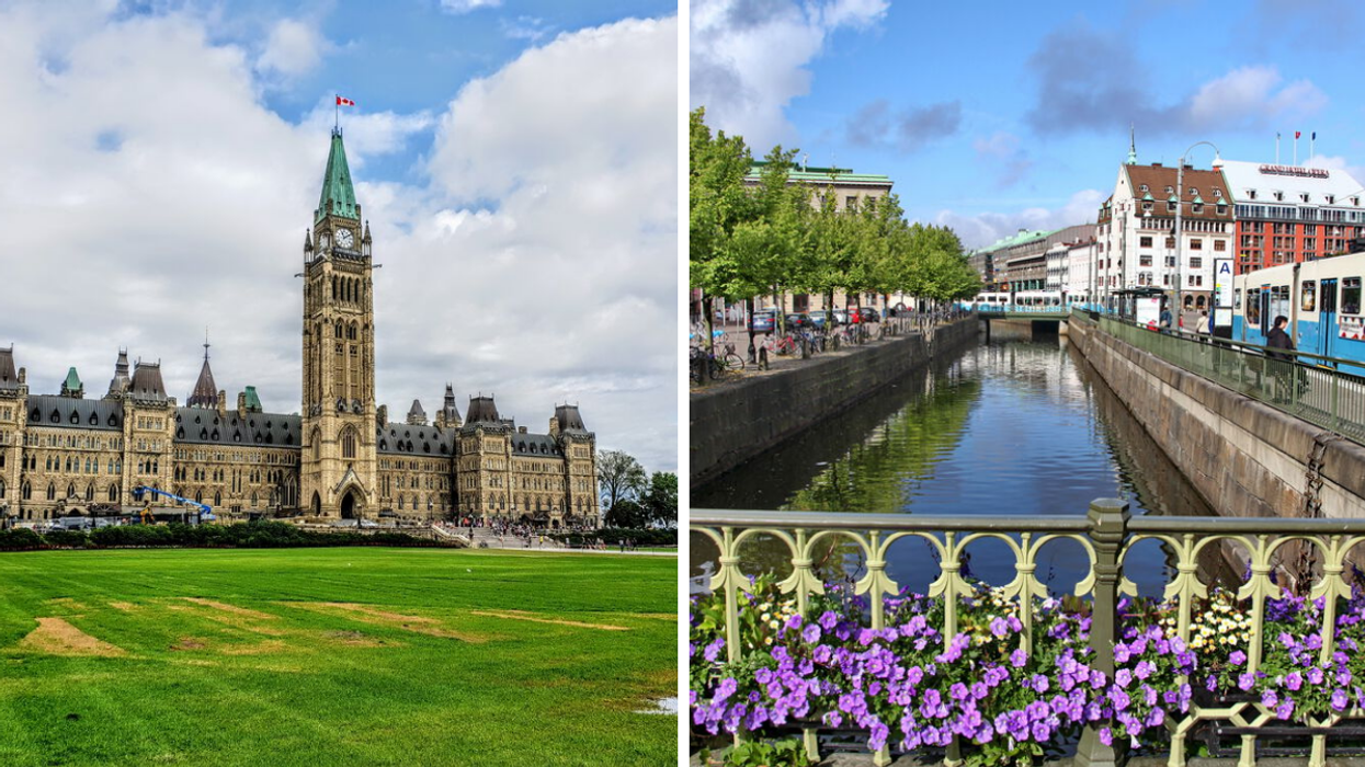 Parlement canadien. Droite : Göteborg, Suède.