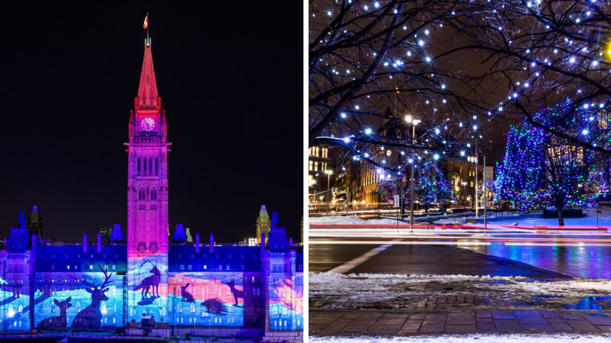 Parlement d'Ottawa. Droite : Rue illuminée d'Ottawa.