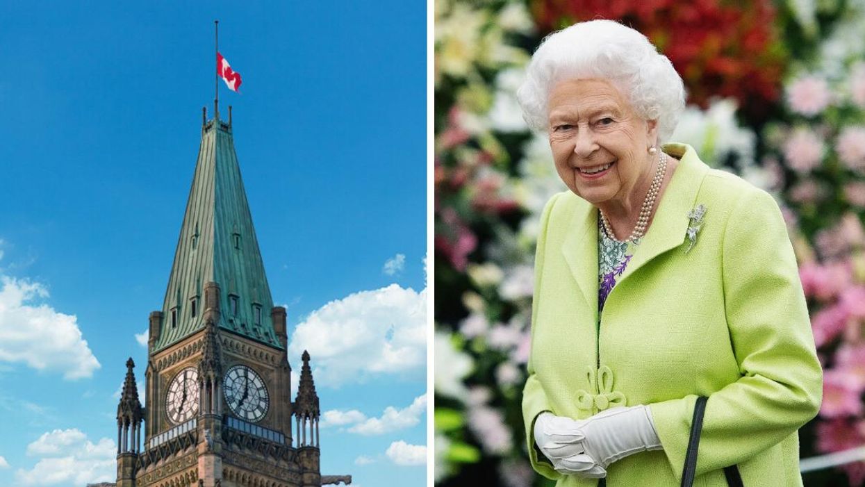 Parlement du Canada. Droite : La reine Elizabeth II.