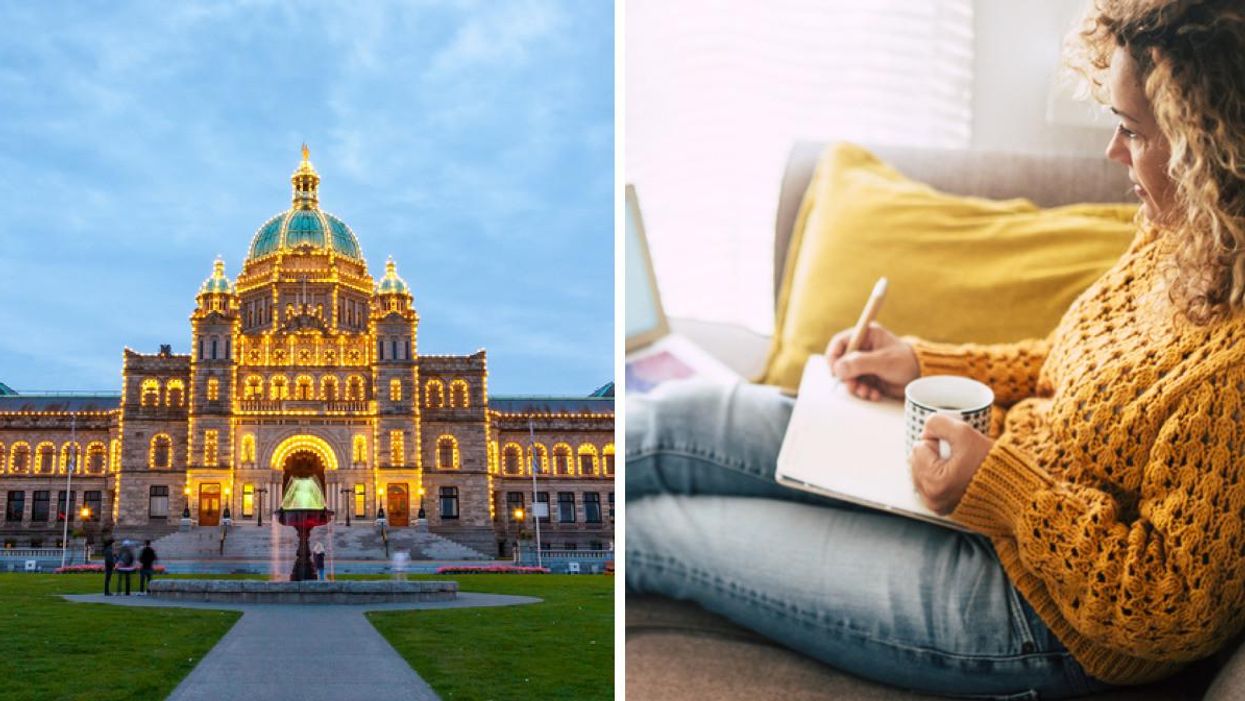 Parliament Building in Victoria, B.C. Right: Woman working from home.
