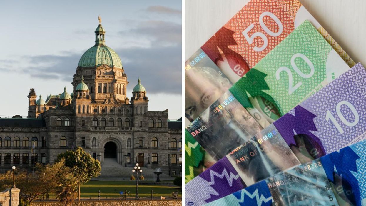  Parliament Building in Victoria, BC. Right: Canadian money.