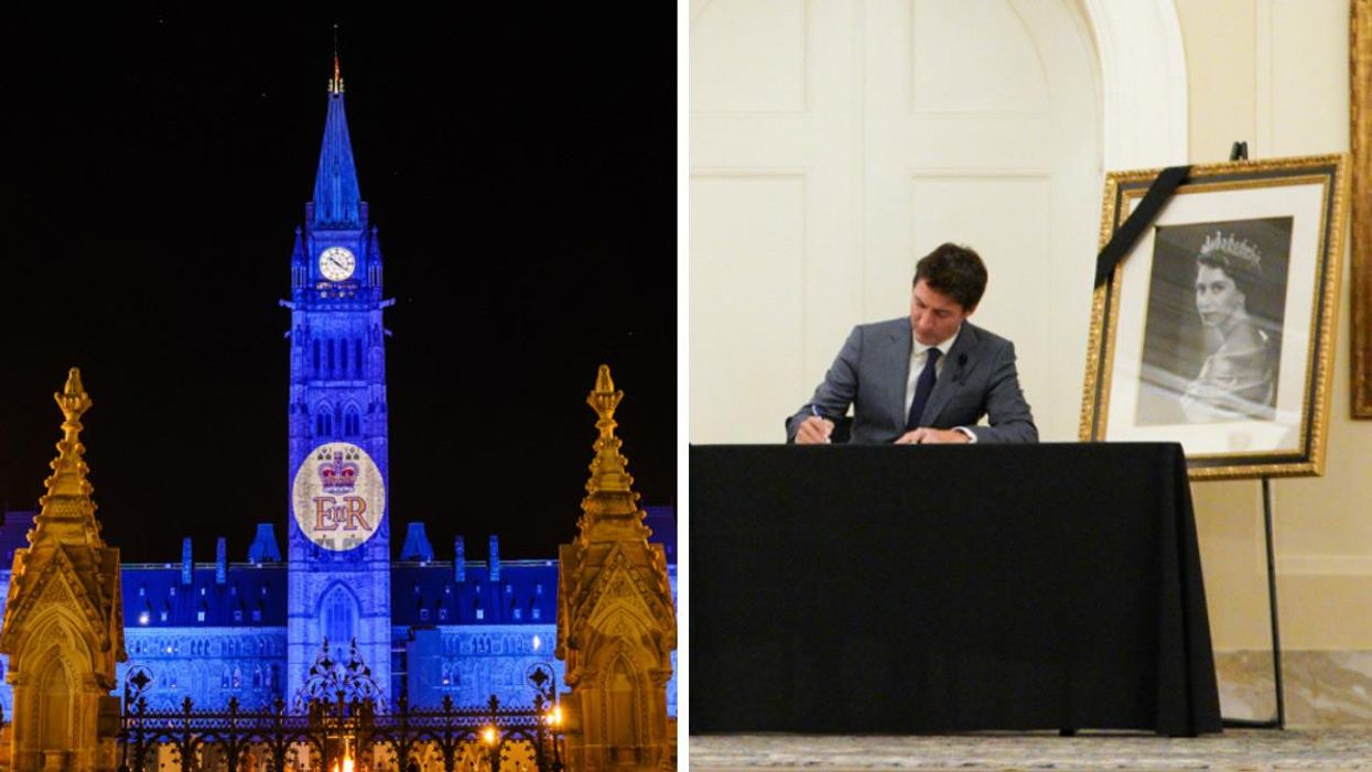 Parliament Hill illuminated with a royal blue hue. Right: Justin Trudeau signs the book of condolences.