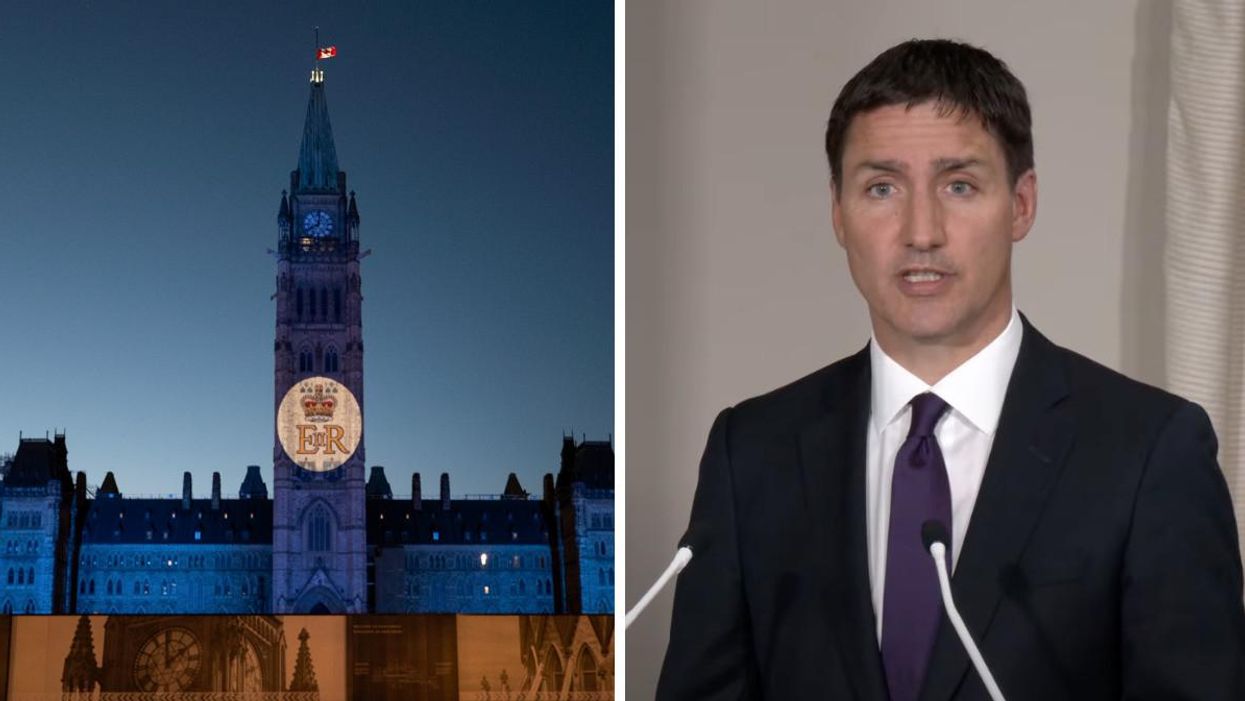 Parliament Hill illuminated with a royal blue hue. Right: Justin Trudeau.