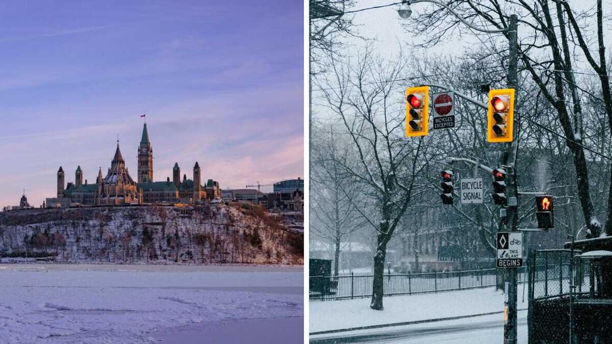 parliament hill in ottawa covered in snow. right: intersection at street in toronto during snow
