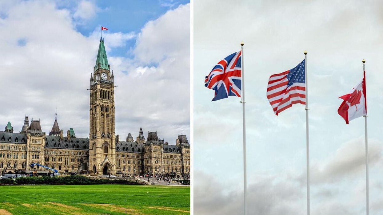 Parliament Hill in Ottawa. Right: The U.K., U.S. and Canadian flags.