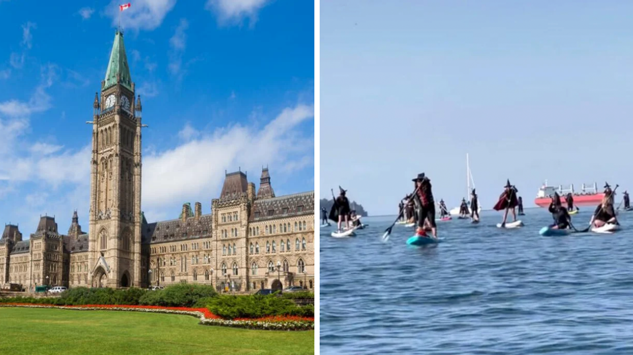Parliament Hill in Ottawa. Right: TikTok of witches paddle boarding.