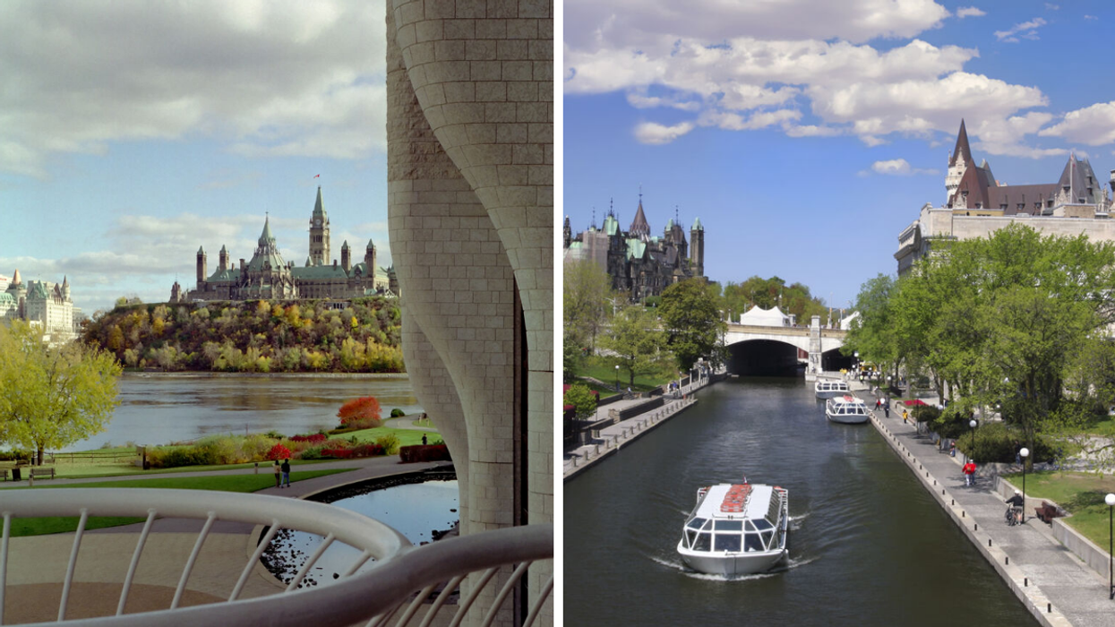 Parliament Hill over the Ottawa River. Right: The Rideau Canal downtown Ottawa.