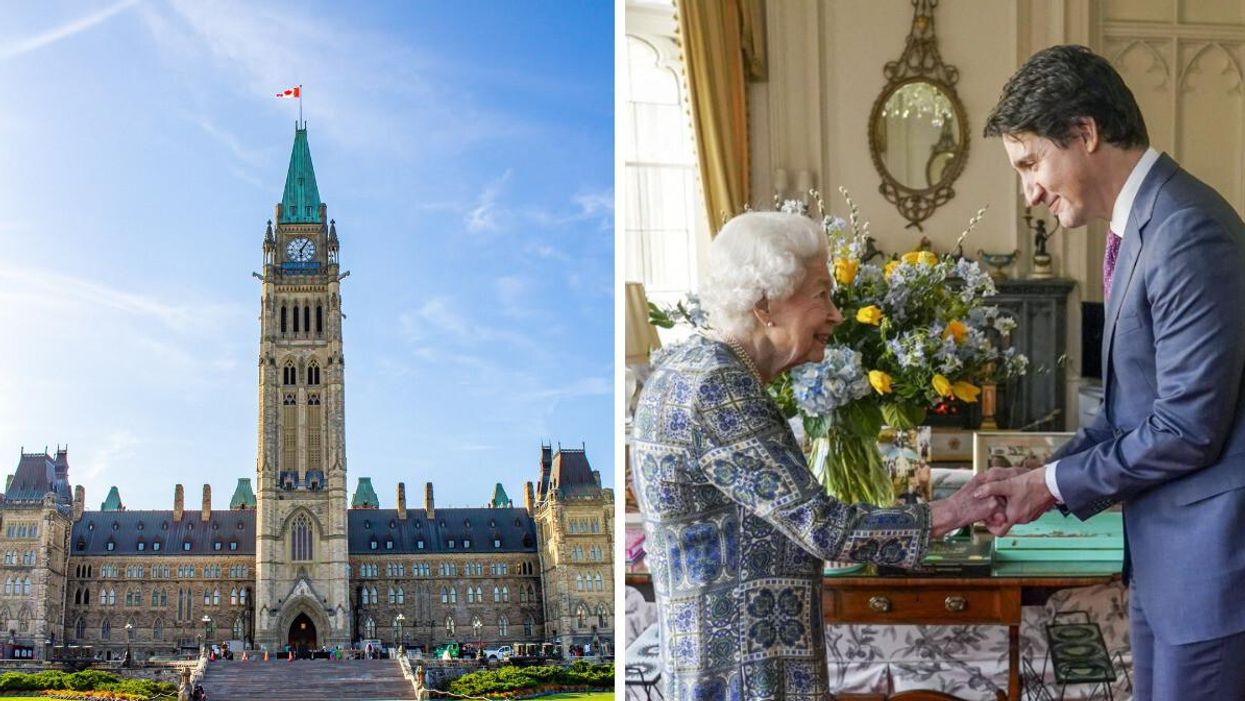 Parliament Hill. Right: Justin Trudeau and Queen Elizabeth II.