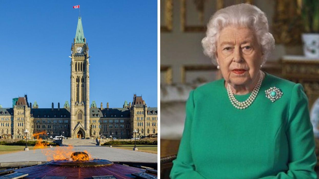 Parliament Hill. Right: Queen Elizabeth II.
