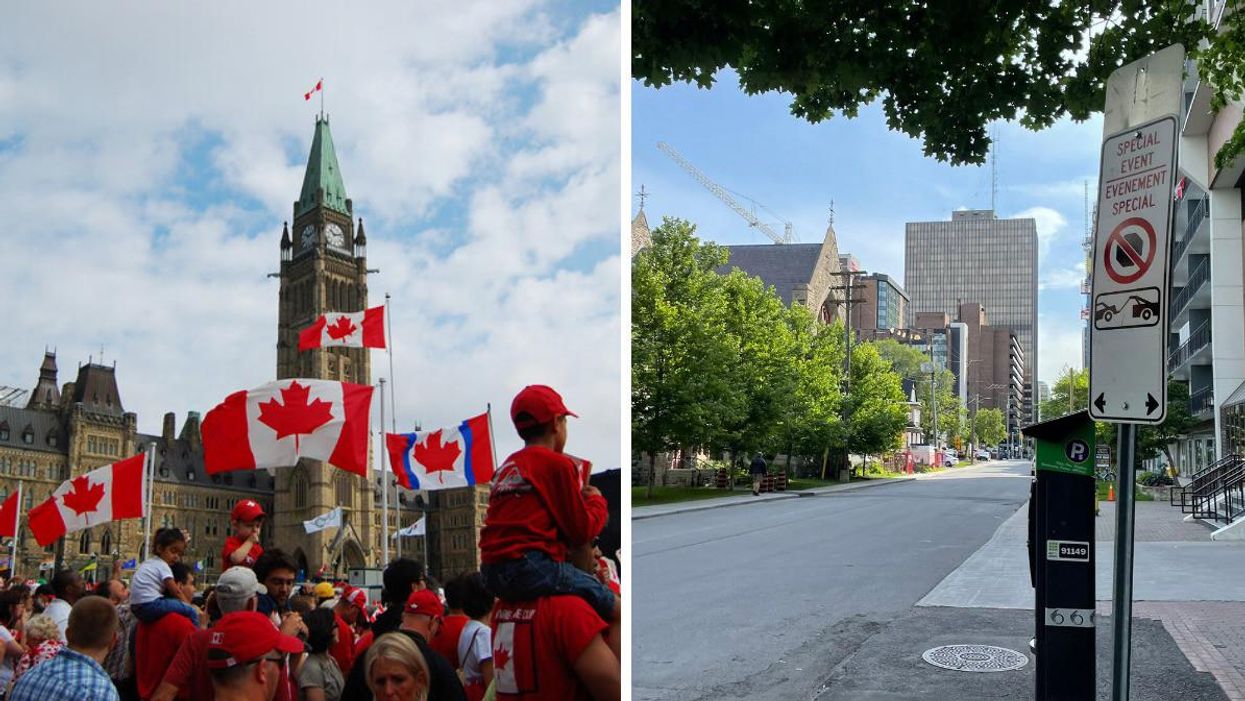 Parliament Hill. Right: Special event parking signs.