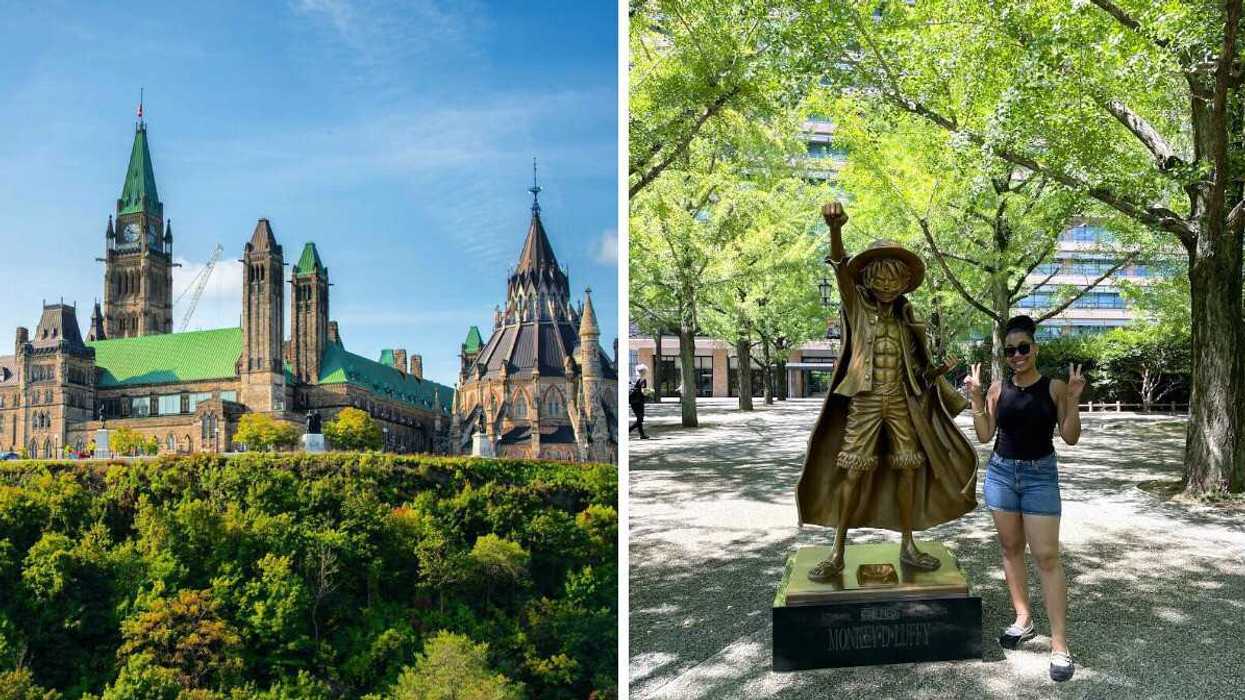 Parliament Hill viewed from Major's Hill Park, Right: Person posing with peace signs beside the One Piece Luffy statue.
