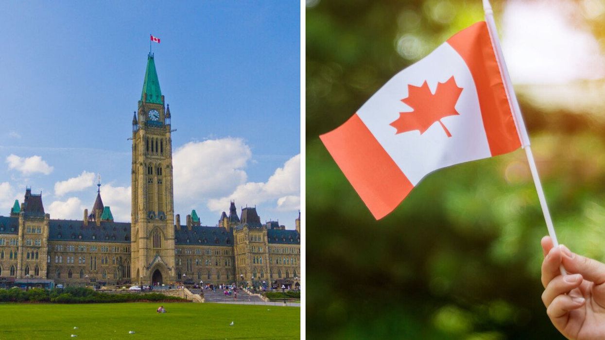 Parliament in Ottawa. Right: A person waves a Canadian flag.