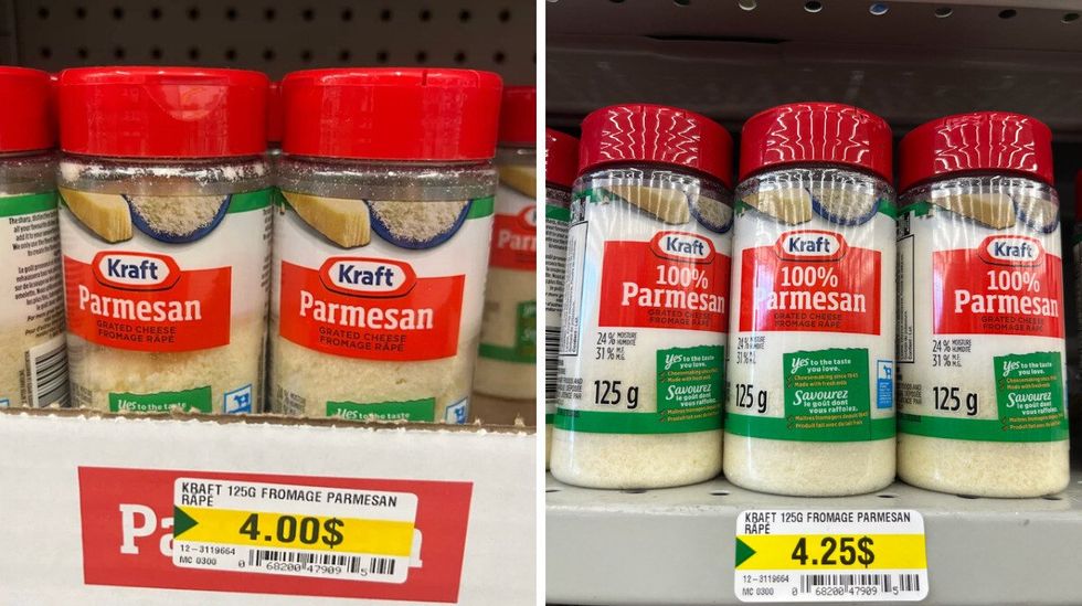 Parmesan de Kraft \u00e0 4 $. Droite : Parmesan de Kraft \u00e0 4,25 $.
