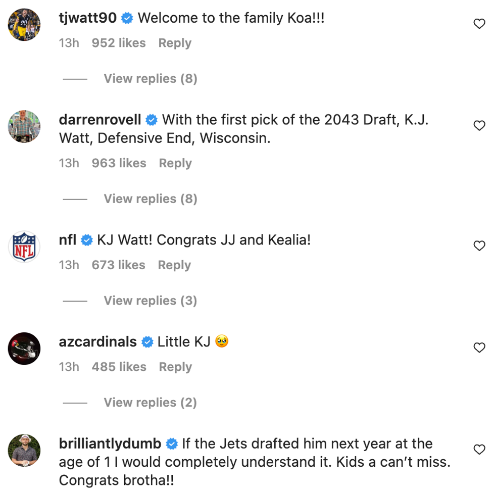 Part of the comment section on J.J. Watt's baby picture.