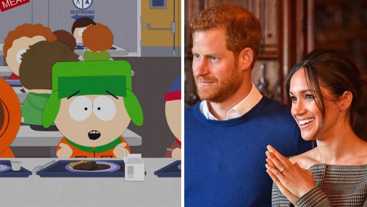 Part of the South Park episode "The Worldwide Privacy Tour." Right: Prince Harry and Meghan Markle.