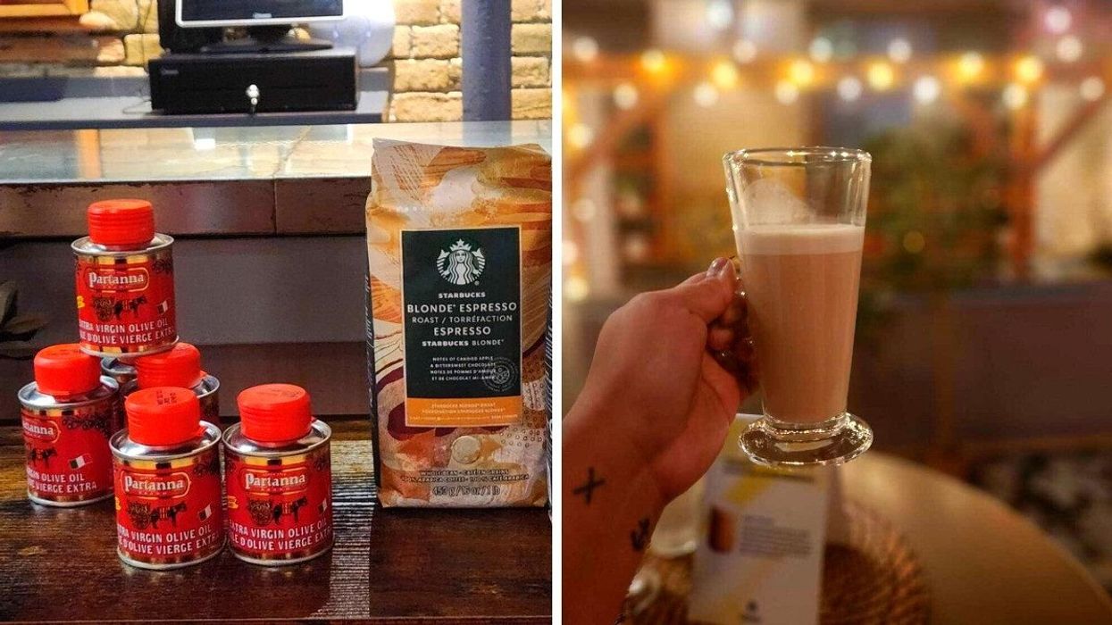 Partanna olive oil and a bag of Starbucks Blonde Espresso. Right: A hand holding the Starbucks Oleato Oat Latte.