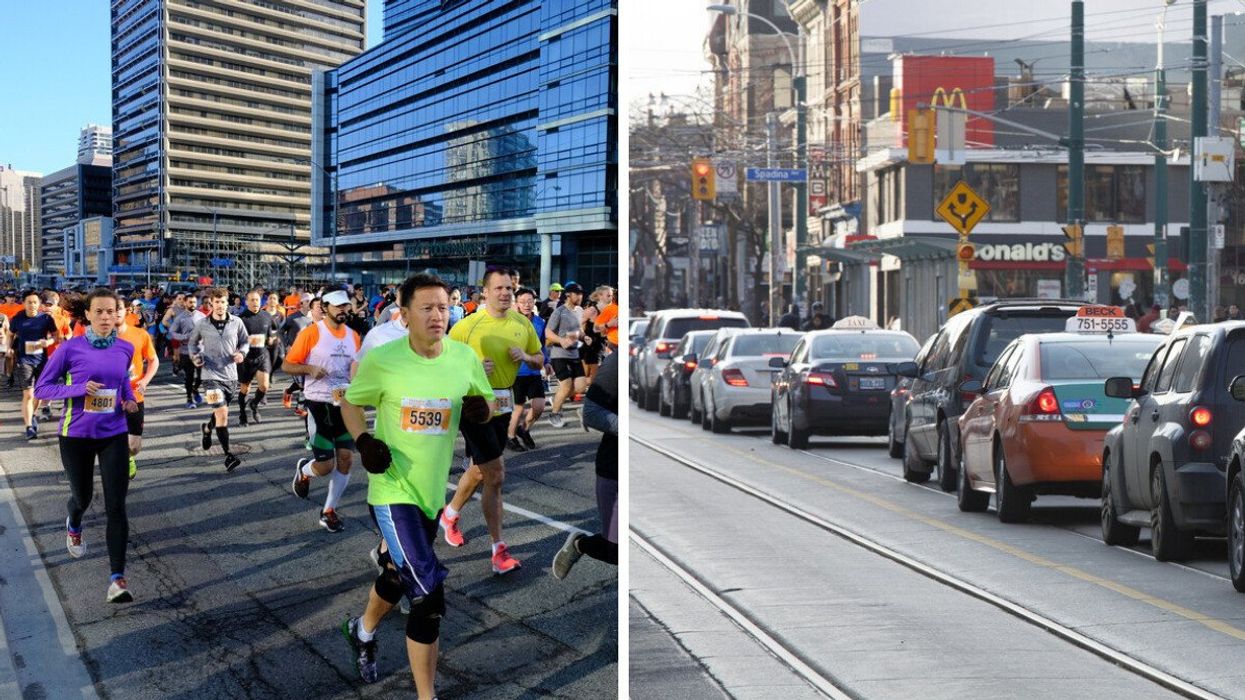 Participants running in the Toronto Marathon. Right: A line of traffic in Toronto.