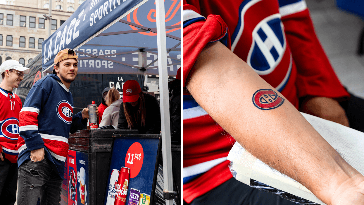 Partisans des Canadiens de Montréal en tailgate sous une tente. Droite: Tatouage du logo des Canadiens de Montréal sur un bras