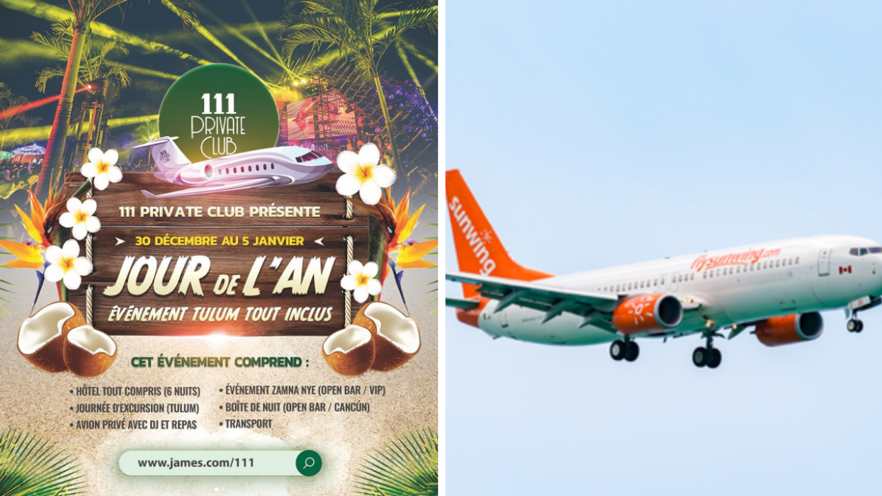 Party du Jour de l'An 111 Private Club. Droite : Avion Sunwing.