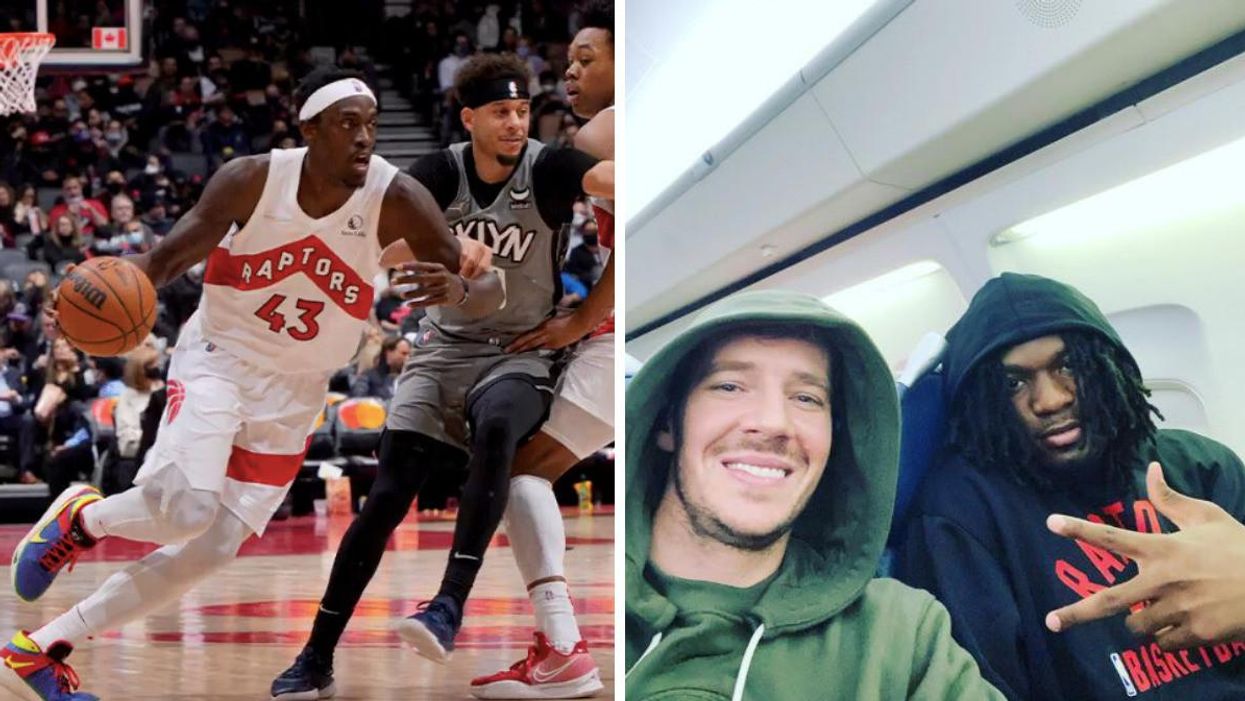 Pascal Siakam during Tuesday's night game. Right: Goran Dragić flying in an airplane in October.