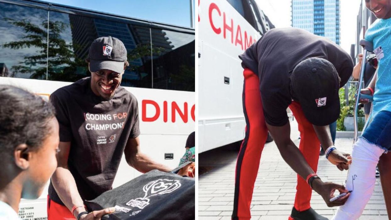 Pascal Siakam in Regent Park. Right: Siakam signing a girl's cast