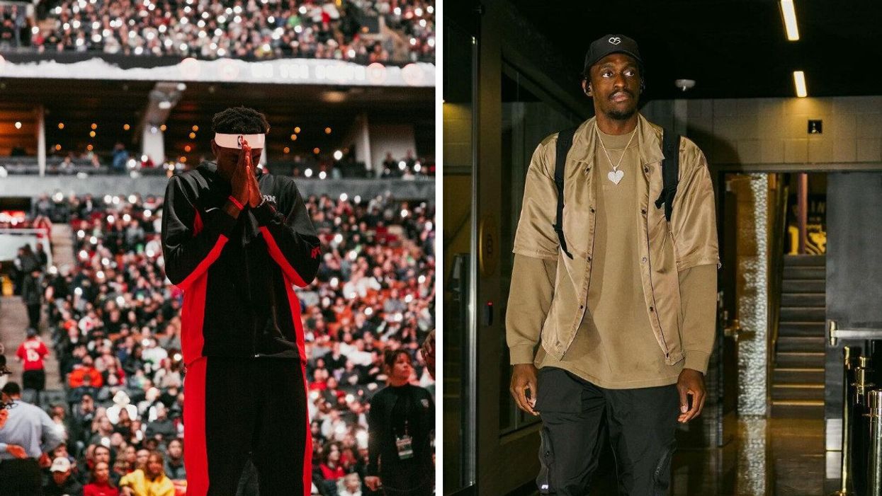 Pascal Siakam making a prayer sign during a basketball game with fans in the stands. Right: Pascal Siakam walking in a hallway.