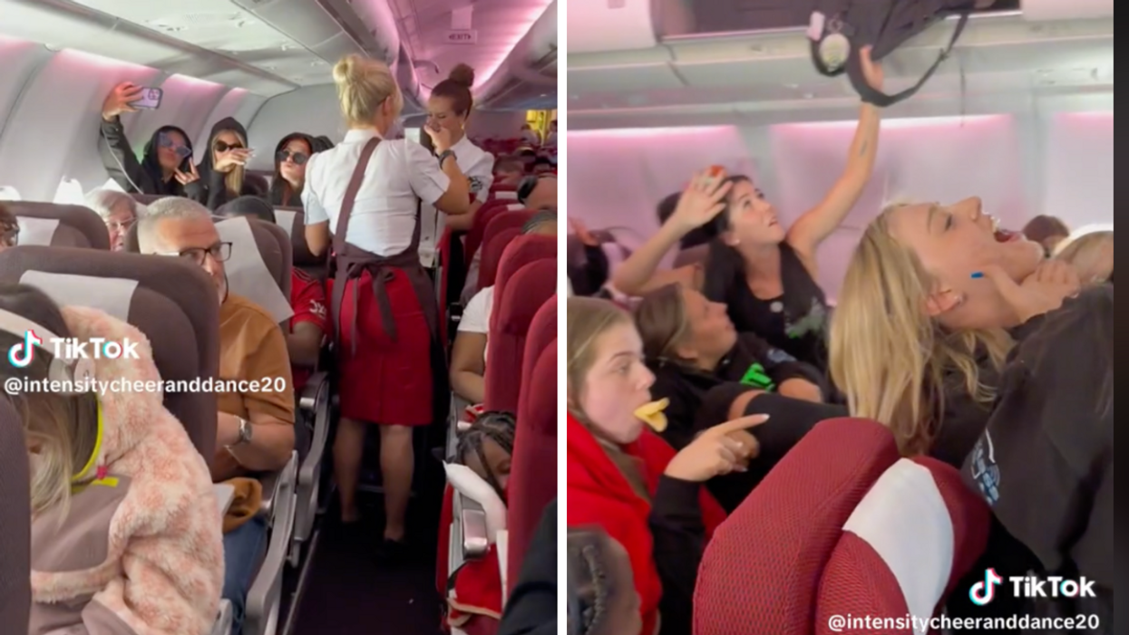 Passengers and crew doing the mannequin challenge on an airplane. Right: Passengers doing the mannequin challenge.