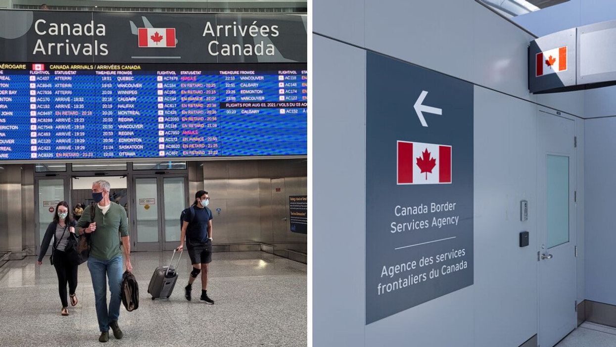 Passengers arriving at Toronto Pearson International Airport (YYZ). Right: A Canada Border Services Agency office.