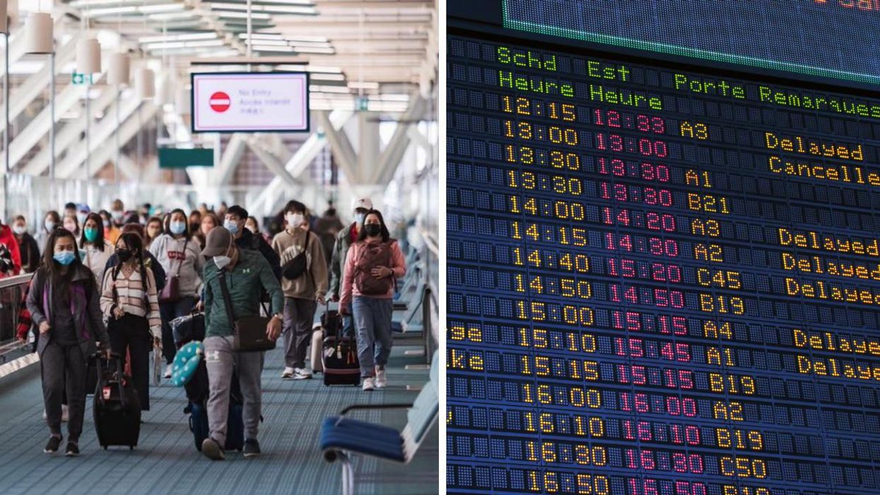 Passengers at a busy Vancouver International Airport. Right: An airport departure board shows many flights delayed and cancelled.