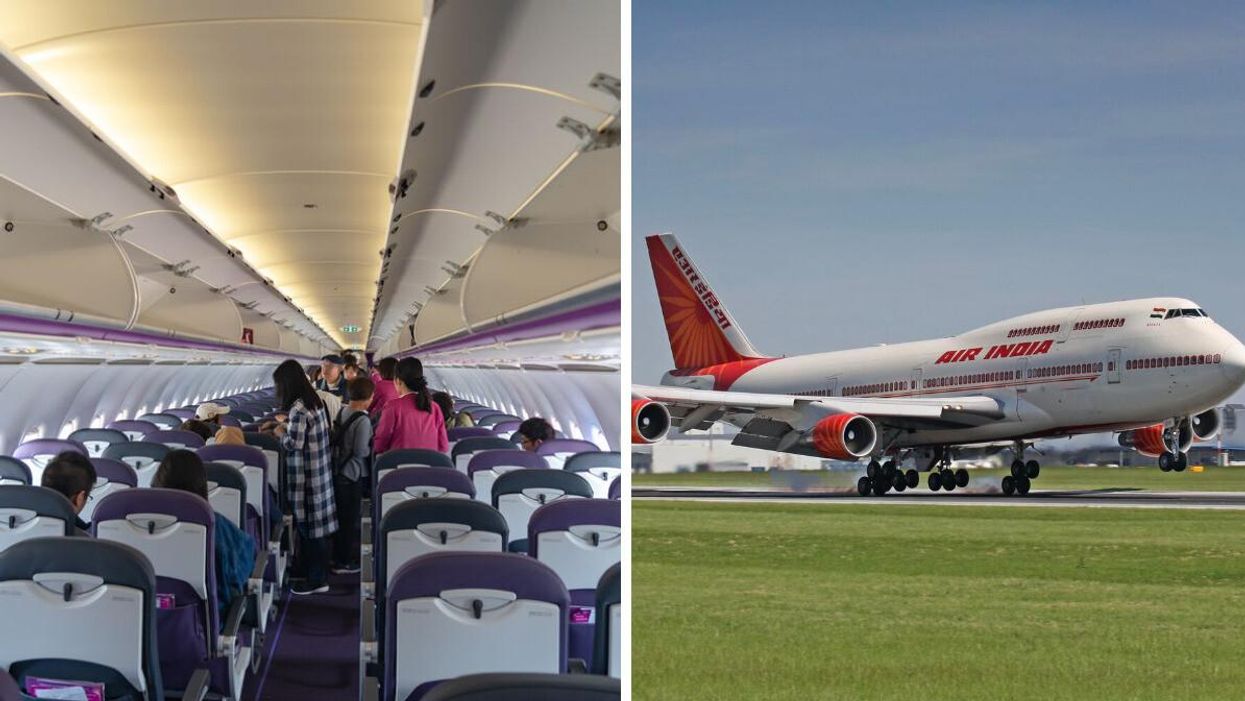 Passengers inside a plane. Right: An Air India plane.