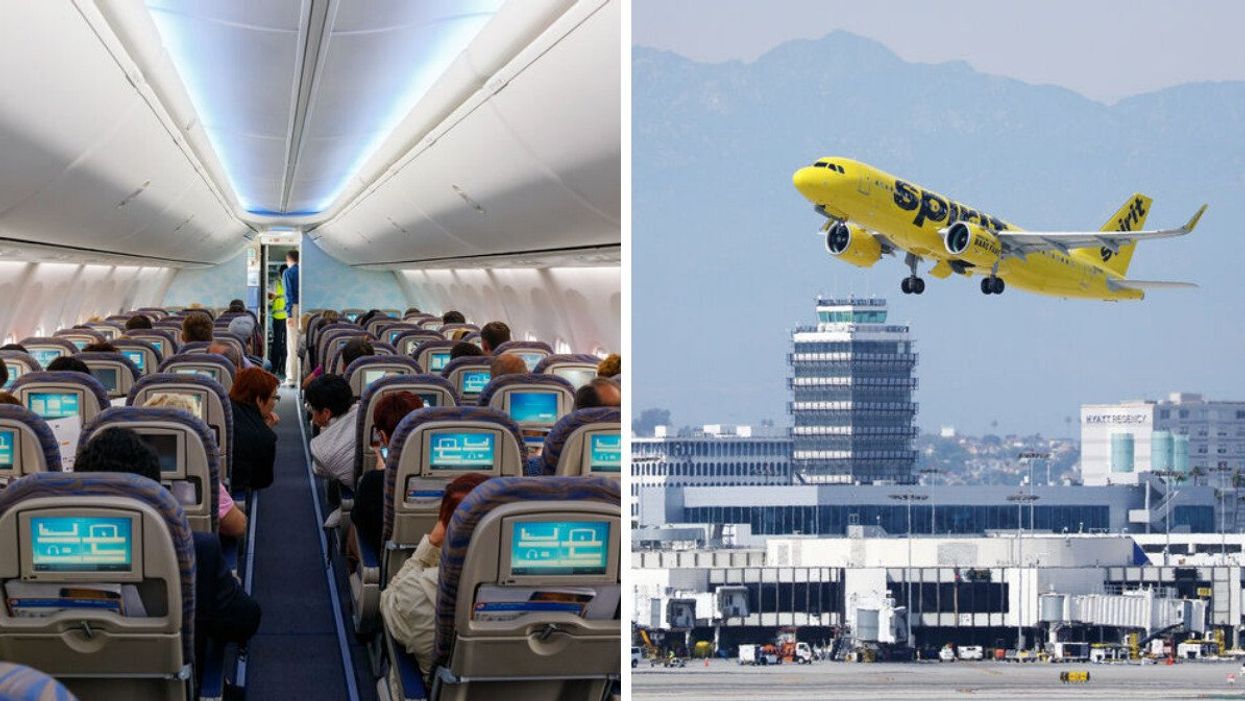 Passengers inside an airplane. Right: A Spirit Airlines plane.