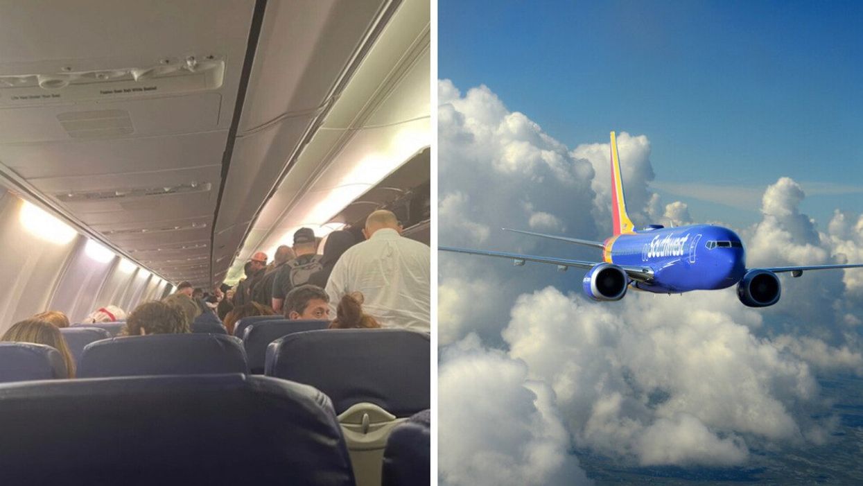 Passengers inside the Southwest airplane. Right: A Southwest airplane.